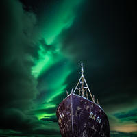 An Icelandic Saga. The wreck of the Gardur & Aurora Borealis.Shot in Patreksfjordur, Westfiords, Iceland. 