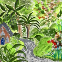 Fantasy thatched cottage in tropical garden - original acrylic art by Sheila Robinson
