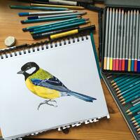 Great Tit - pen and pencil crayon drawing