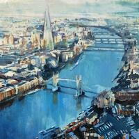 London aerial at dawn, oil on board, oil on board