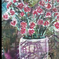 A dark Winter's evening, a vase of carnations to lift the gloom. "Carnations"  mixed media on canvas £350.  "