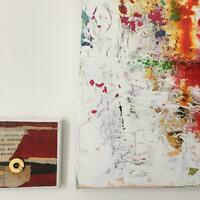 Small and large canvas work. Small collage with found object. Large canvas mixed media “Red Distress”
