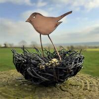 Recycled Metal Bird In Wire Nest