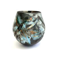 Large smoke-fired pot with blue glaze, copper carbonate and gold.