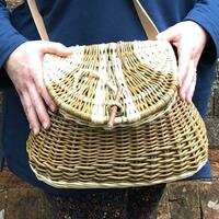 Traditional Creel made and held by Clare Shilvock, Warwickshire Willow. Dicky meadows and white willow with a neutral leather shoulder strap