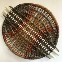 Woven Circular Tray Platter Wall Hanging Home Decor Basket Handmade in Colourful Warwickshire Willow by Clare Shilvock. Rose Wood Frame with hand carved willow ribs. (L:48cm x W:36cm x H:2cm)