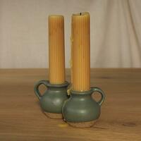 Handled candlestick holders, speckled clay with a satin khaki glaze.
