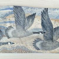 Flying Geese on wood fragment, acrylic