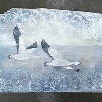 painting on old fence panel, Two snowgeese, on a journey