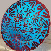 Large scarlet and turquoise glass bowl