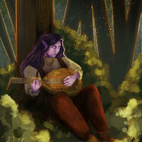 DnD character playing her lute in the woods digital painting