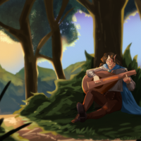 Digital Painting of Dungeons and Dragons character in the woods playing his lute