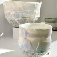 Large Fragile Landscape and small Fragment white crystal glazes and volcanic surfaces 