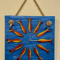 "Shoal Time" A Hand Stained Stylised Fish Hanging Wall Clock 