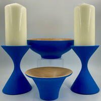 Cyan Blue Chalk Paint Bowls & Waisted Swept Pillar Candle Holders