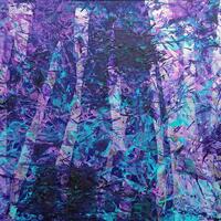 CHALLACOMBE a large purple, blue and silver abstract painting of a nigh time woodland scene
