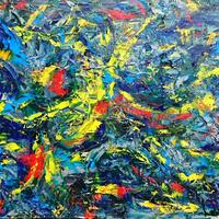 P7: EVERY PART OF ME NOW HERE bold and colourful abstract oil painting with yellows, reds and blues