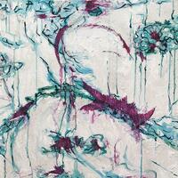 WINTER 4: ADVENTURES IN WIND AND WATER; mixed media abstract painting in white, magenta and turquoise