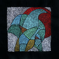 'Bird Stained Glass'. Embroidery silks on black cotton fabric. 16 cm by 16cm. n fabric.
