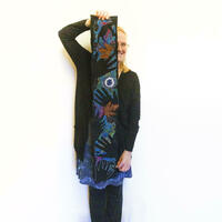 'Crow banner 2'. Embroidery silks, acrylic fabric paint and tie dye on black cotton. 17 cm by 107 cm.