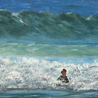 Siblings loving the surf – acrylic and oils on canvas