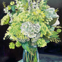 Green and white flowers oil painting lizzie bentley