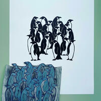 Penguin Huddle Lino Print and block