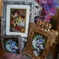 Collection of collage/mixed media artworks in vintage frames