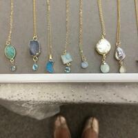 Gold filled necklaces with aquamarine, kyanite, freshwater pearls, amazonite, topaz and drusy quartz