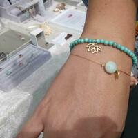 Customer with beaded apatite and amazonite charm bracelets