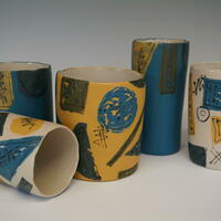 Cylinder pots with abstract slip printed designs