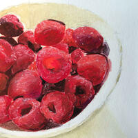 Painting of a bowl of raspberries