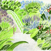 White Bridge in Garden, original acrylic painting by Sheila C Robinson
