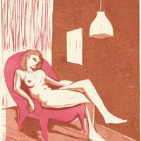 Naked woman in a red chair (linocut 2023)