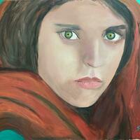 Based on the US photographer Steve Curry of Sharbat Gula captured the story of a country, its people and refugees across the world. Original oils on canvas.