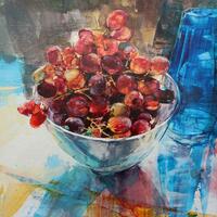 red grapes blue glass, still life, oil on board