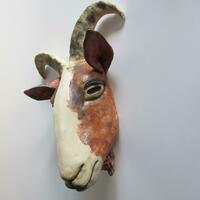 Goat mask ~ stoneware, underglazes, and oxides