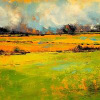 "In Green & Tangerine" acrylic semi-abstract landscape