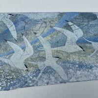 Flying Terns, acrylic on wood fragment