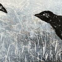 Two Crows, acrylic on wood fragment