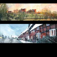 Purlieu Lane. Kenilworth. Commission (top) ❤️ Cold Walk Home. (bottom) Oil Painting. 60x23cms £500 framed. Signed limited edition prints available. Mounted £85 Framed £185.