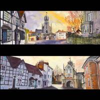 East Gate Morning. Warwick. (top) Oil painting 60x 20cm. £500 framed.  Smith Street. Warwick. (bottom) Oil painting 60x20cms. £500. Signed limited edition prints available. Mounted £85. Framed £185.
