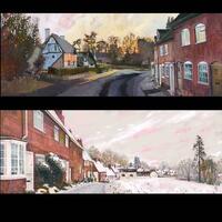 Little Virginia. ( top)  Kenilworth.  Oil painting 60x20cms £500.  Castle Green Snow. (bottom) Oil painting 60x23 cms. £500 framed. Limited edition prints available.  Mounted £85. Framed £185.