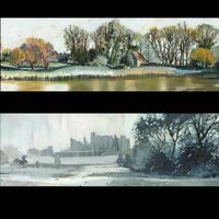 Abbey Lake. (top) Oil painting 60x20cms £500 framed. Signed limited edition prints available, mounted £85 Framed £185.  Snow Siege. Kenilworth. 32x12cms. £250.  Signed limited edition prints. Mounted £50 framed £150