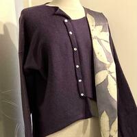 Asymmetric knitted jacket with silk eco printed scarf dyed with natural dye Logwood and printed with chestnut leaves.