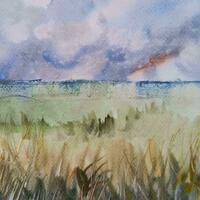 Meadow and sky drama, watercolour JJE