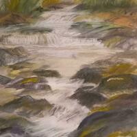 River Galt, water flowing, pastel JE