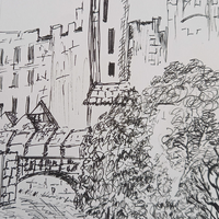 Warwick Castle tower, pen drawing JJE