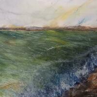 Westward Ho, sea surging, watercolour JJE