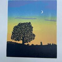 Sunset, Radford fields 2 block reduction Lino print